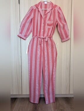 Vintage Striped Pink Button-Up Jumpsuit with Waist Tie